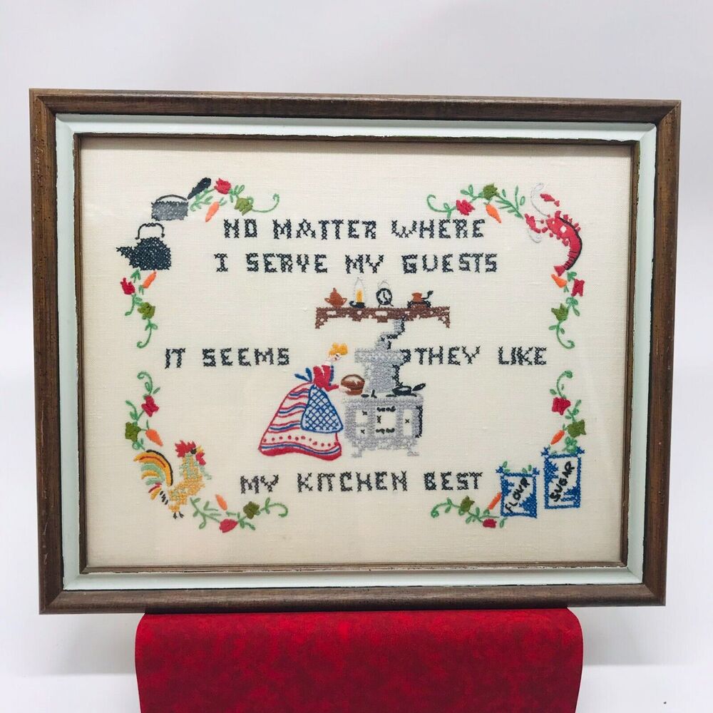 Vintage Framed Needlework Rustic Primitive Wall Decor 15 x 12 Inches